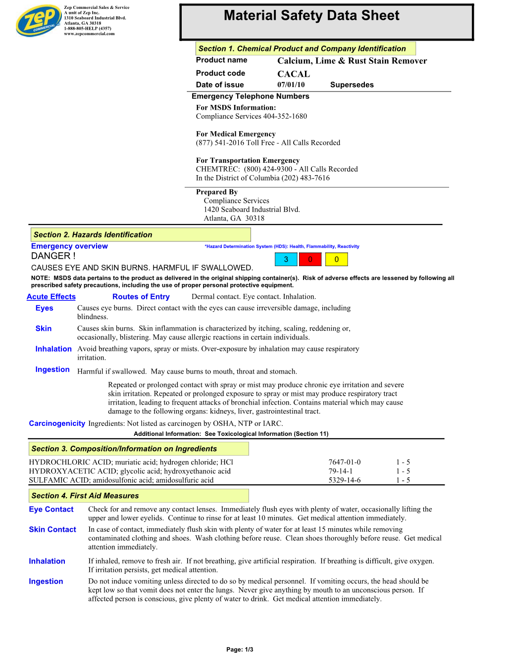 Material Safety Data Sheet Atlanta, GA 30318 1-888-805-HELP (4357)