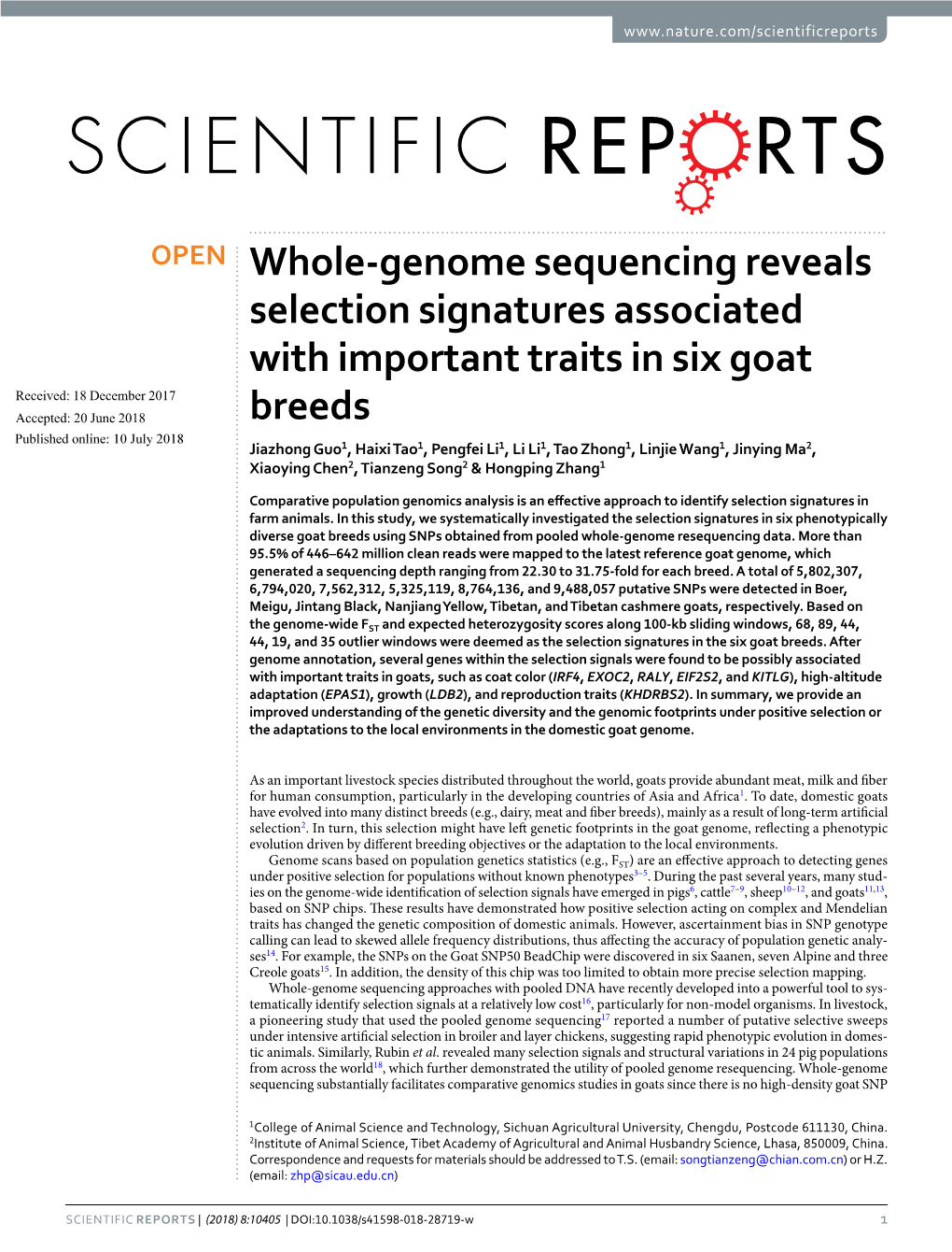 Whole-Genome Sequencing Reveals Selection Signatures Associated