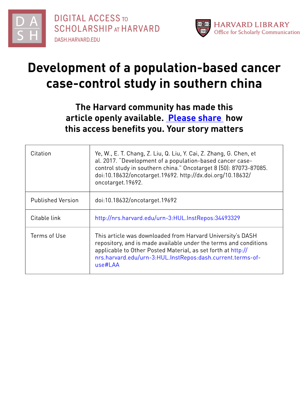 Development of a Population-Based Cancer Case-Control Study in Southern China