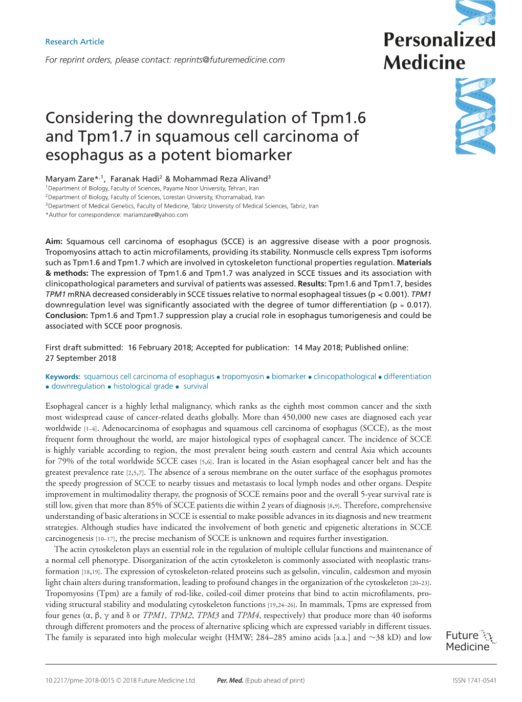 Considering the Downregulation of Tpm1.6 and Tpm1.7 in Squamous Cell Carcinoma of Esophagus As a Potent Biomarker