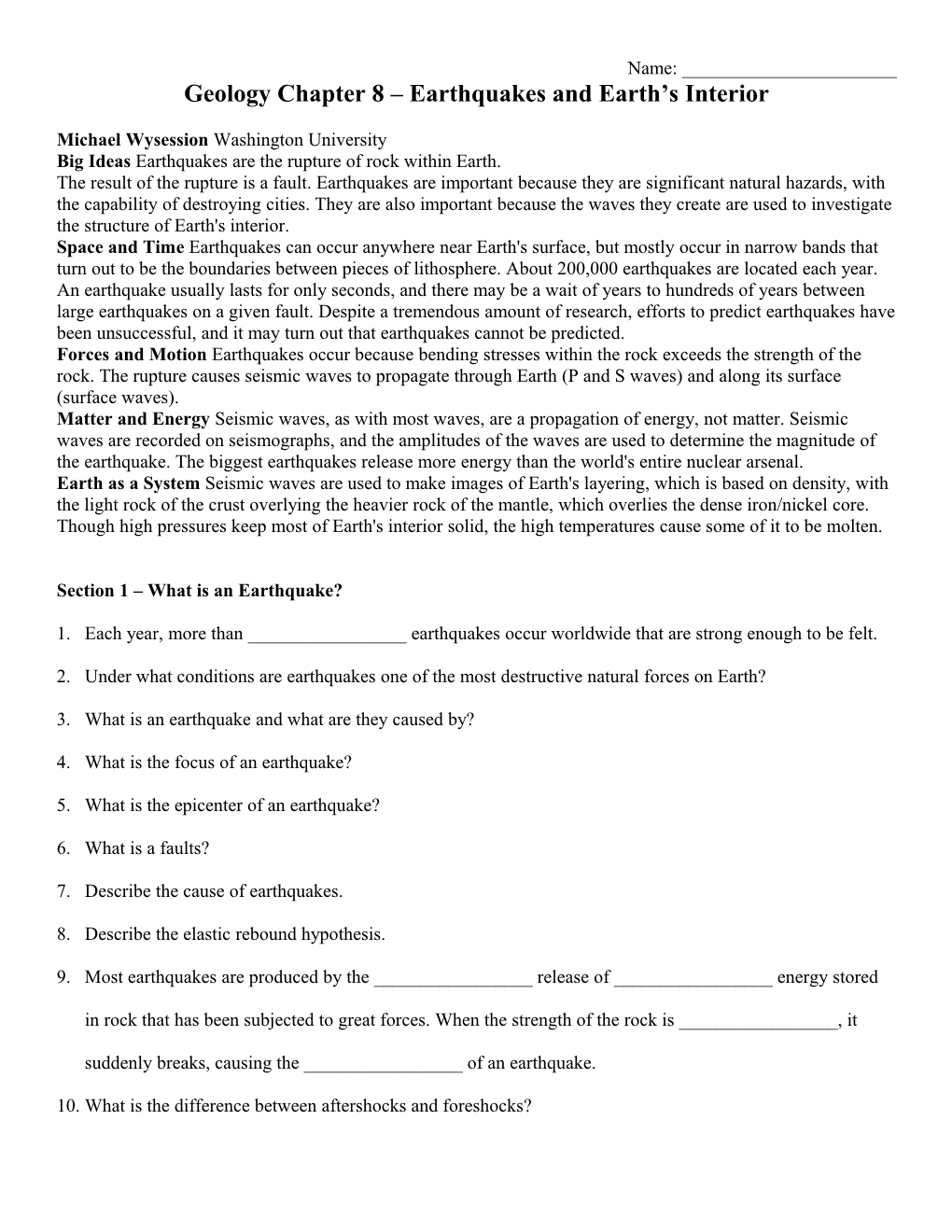 Geology Chapter 8 Earthquakes and Earth S Interior