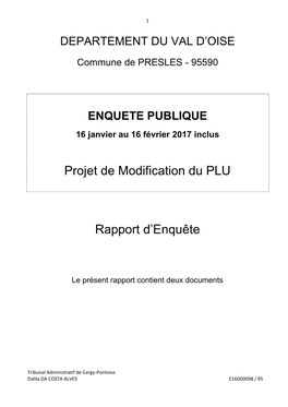 Projet De Modification Du PLU Rapport D'enquête