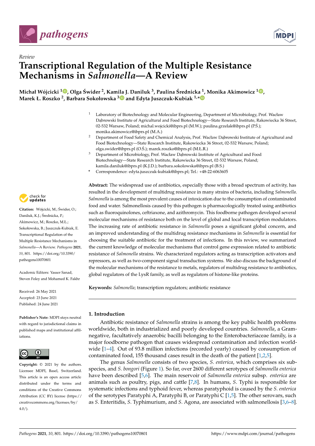 Transcriptional Regulation of the Multiple Resistance Mechanisms in Salmonella—A Review