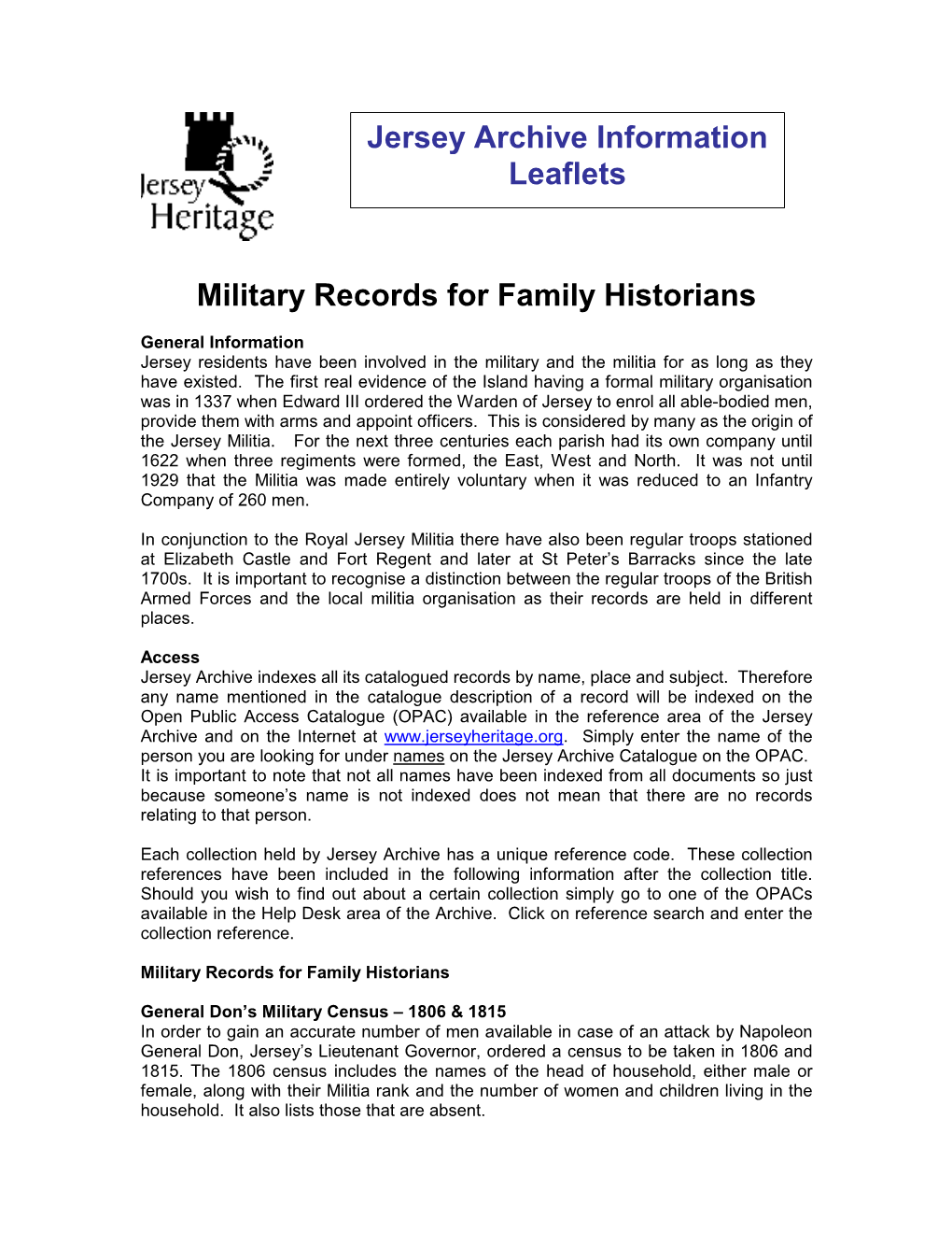 Military Records for Family Historians Jersey Archive Information Leaflets