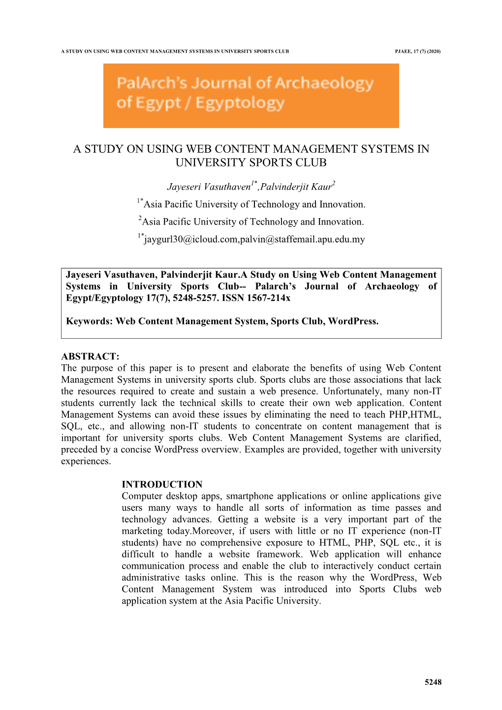 A Study on Using Web Content Management Systems in University Sports Club Pjaee, 17 (7) (2020)