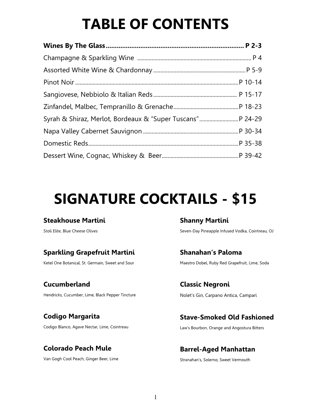 Table of Contents Signature Cocktails
