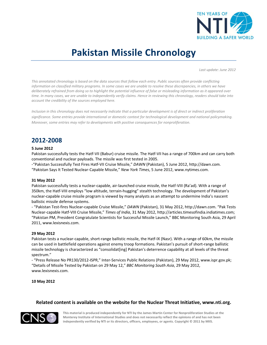 Pakistan Missile Chronology