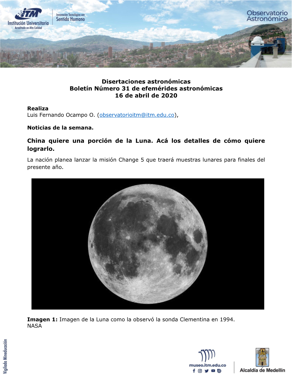 Disertaciones Astronómicas Boletín Número 31 De Efemérides Astronómicas 16 De Abril De 2020