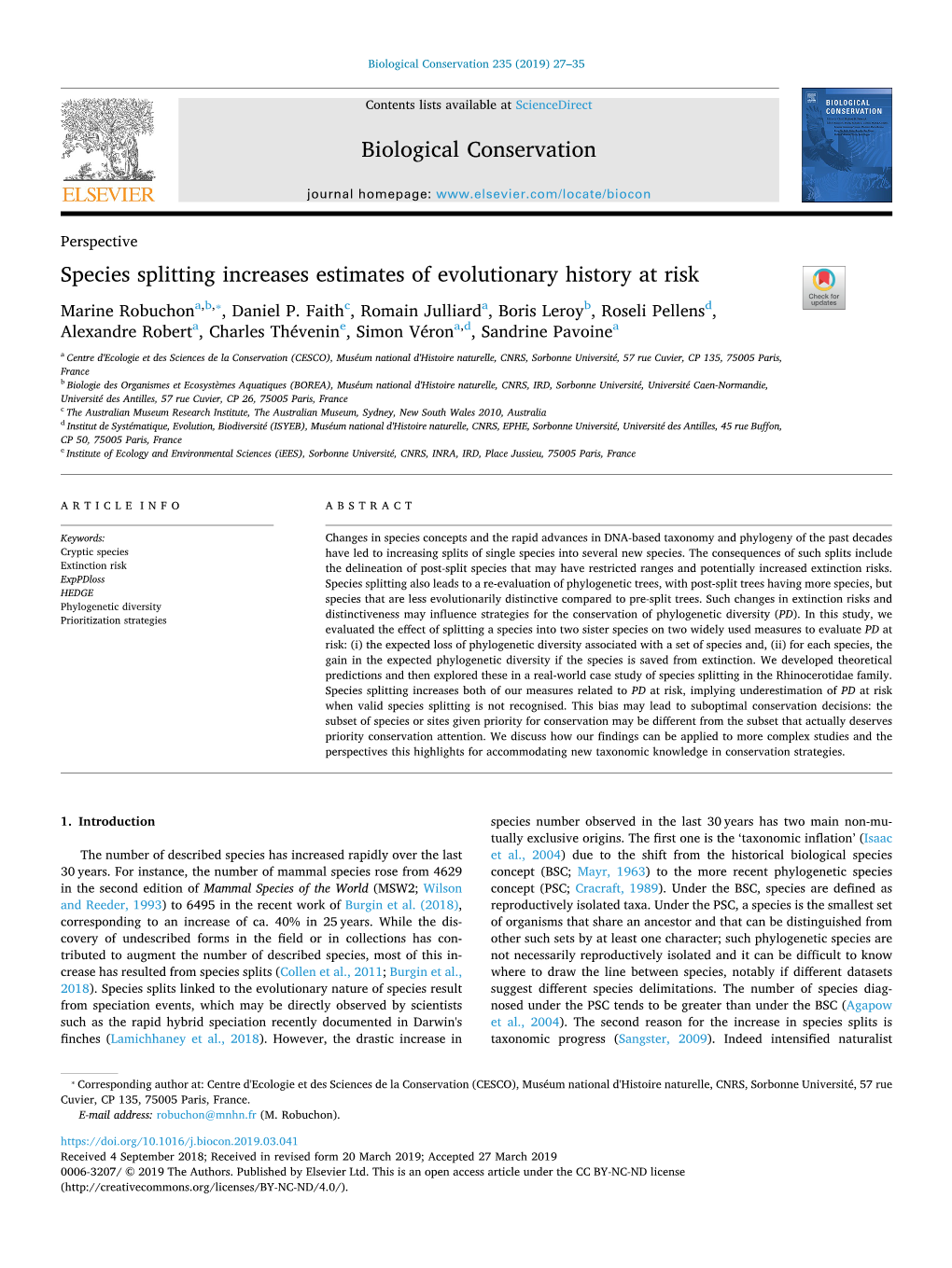 Species Splitting Increases Estimates of Evolutionary History at Risk T ⁎ Marine Robuchona,B, , Daniel P