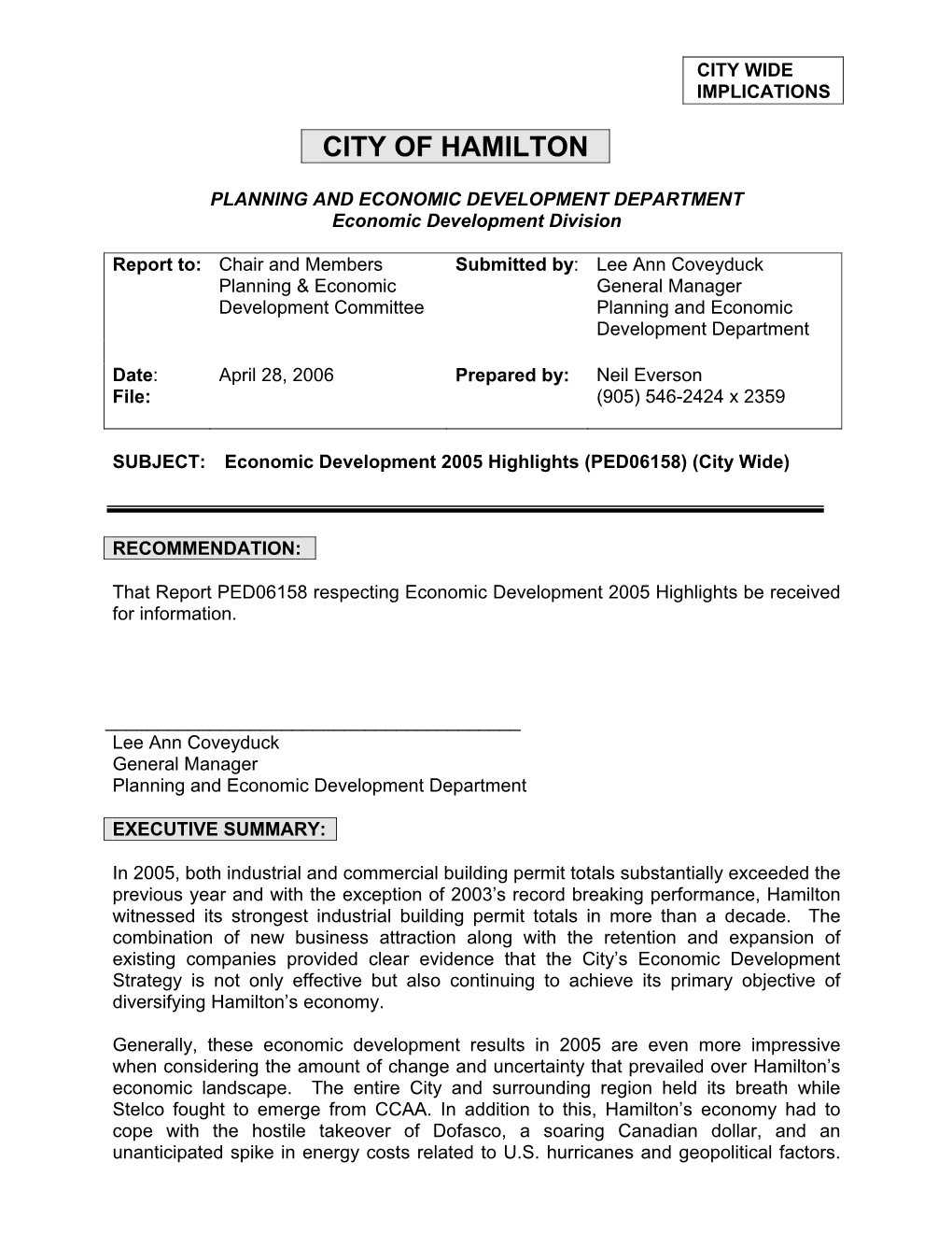 Economic Development 2005 Highlights (PED06158) (City Wide)