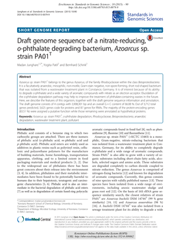 Draft Genome Sequence of a Nitrate-Reducing, O-Phthalate Degrading Bacterium, Azoarcus Sp. Strain PA01T Madan Junghare1,2*, Yogita Patil2 and Bernhard Schink2