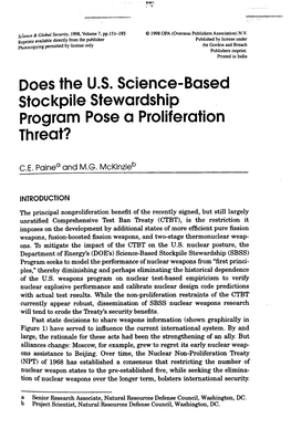 Does the U.S. Science-Based Stockpile Stewardship Program Pose a Proliferation Th Reat?