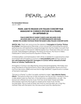 Pearl Jam to Release Live Italian Concert Film Immagine in Cornice (Picture in a Frame) on September 25