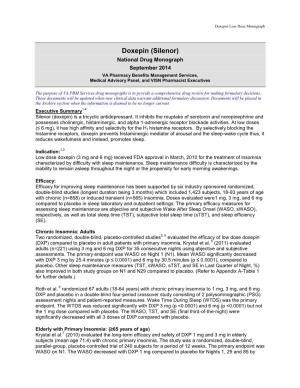 Silenor) National Drug Monograph September 2014 VA Pharmacy Benefits Management Services, Medical Advisory Panel, and VISN Pharmacist Executives