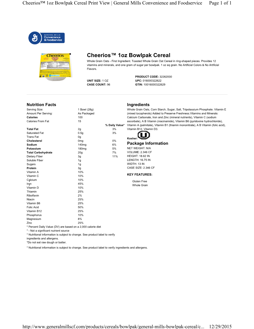 Cheerios™ 1Oz Bowlpak Cereal Print View | General Mills Convenience and Foodservice Page 1 of 1