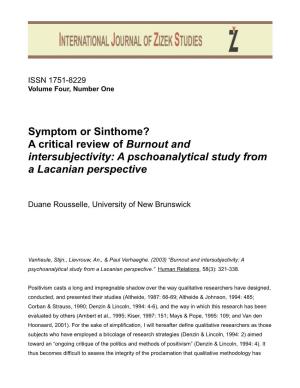 Symptom Or Sinthome? a Critical Review of Burnout and Intersubjectivity: a Pschoanalytical Study from a Lacanian Perspective