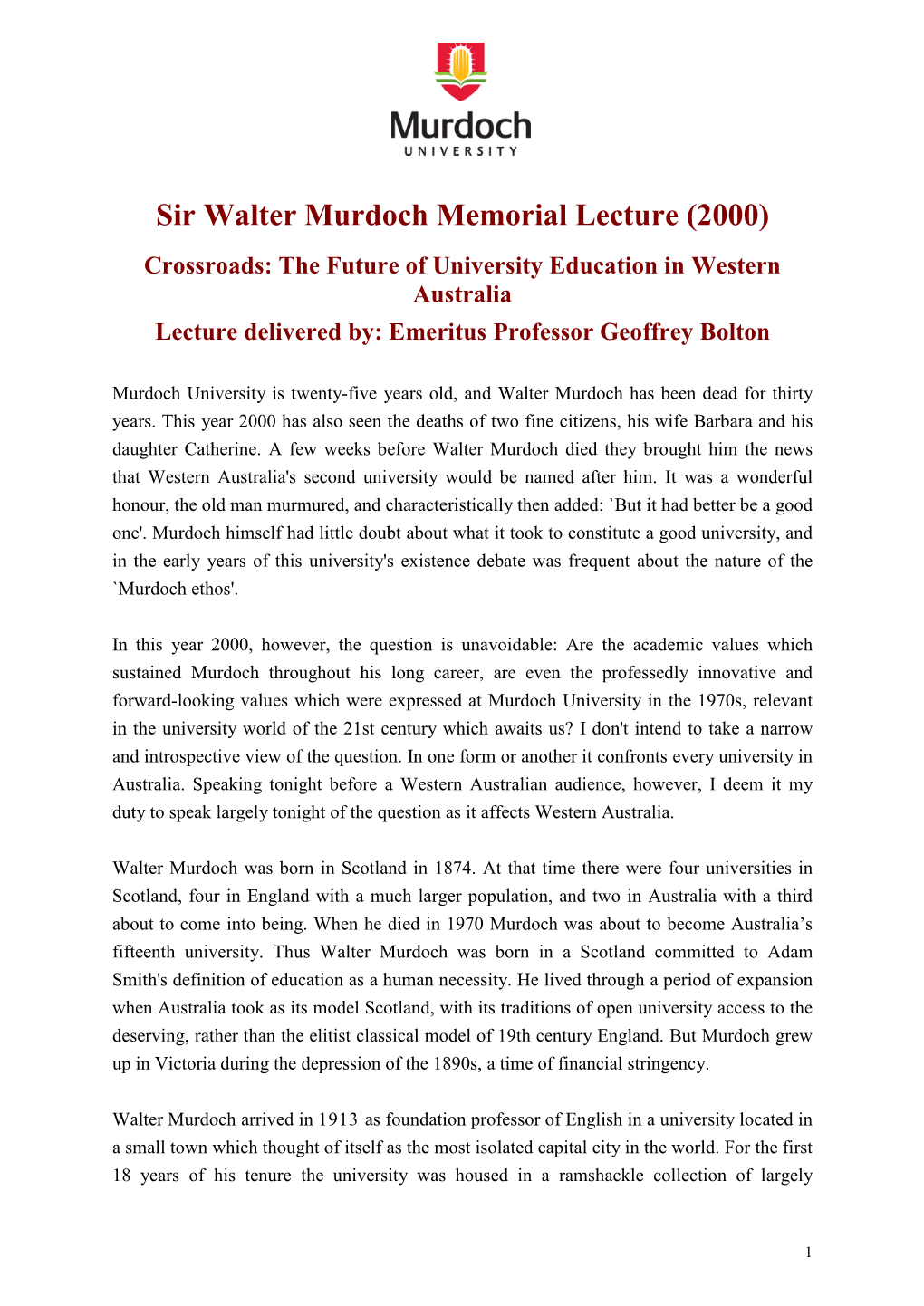 Sir Walter Murdoch Memorial Lecture (2000)