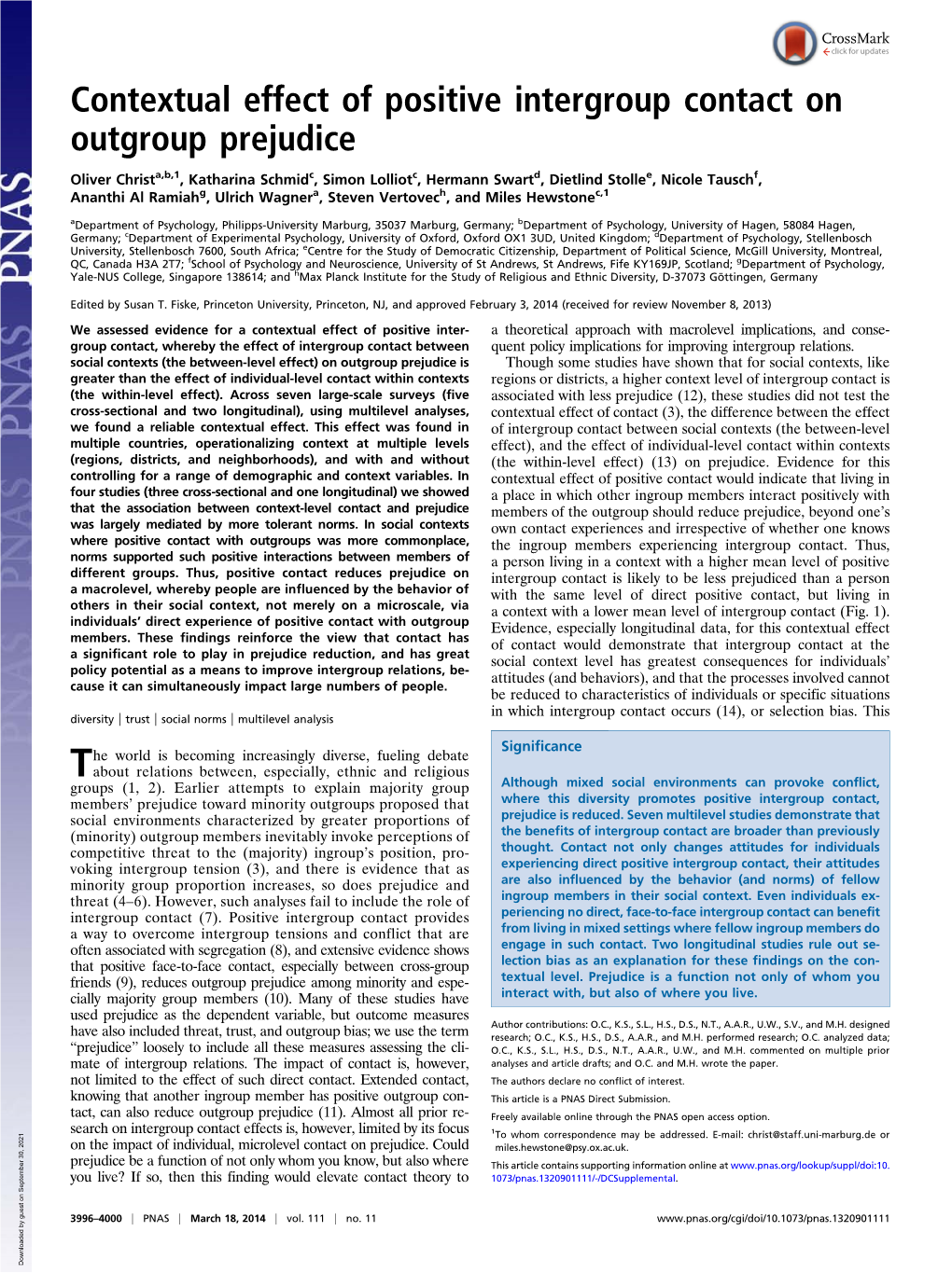 Contextual Effect of Positive Intergroup Contact on Outgroup Prejudice