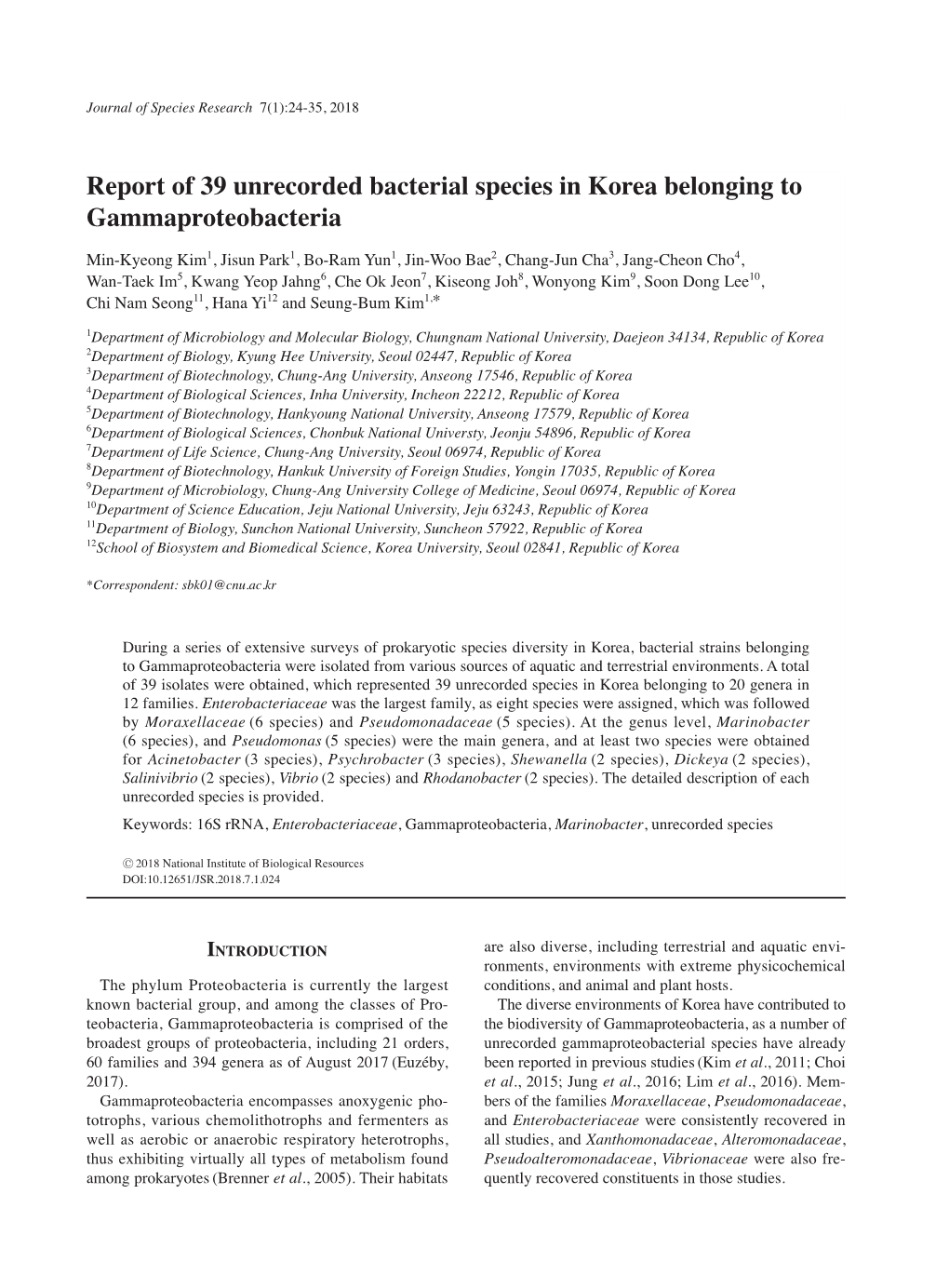 Report of 39 Unrecorded Bacterial Species in Korea Belonging to Gammaproteobacteria