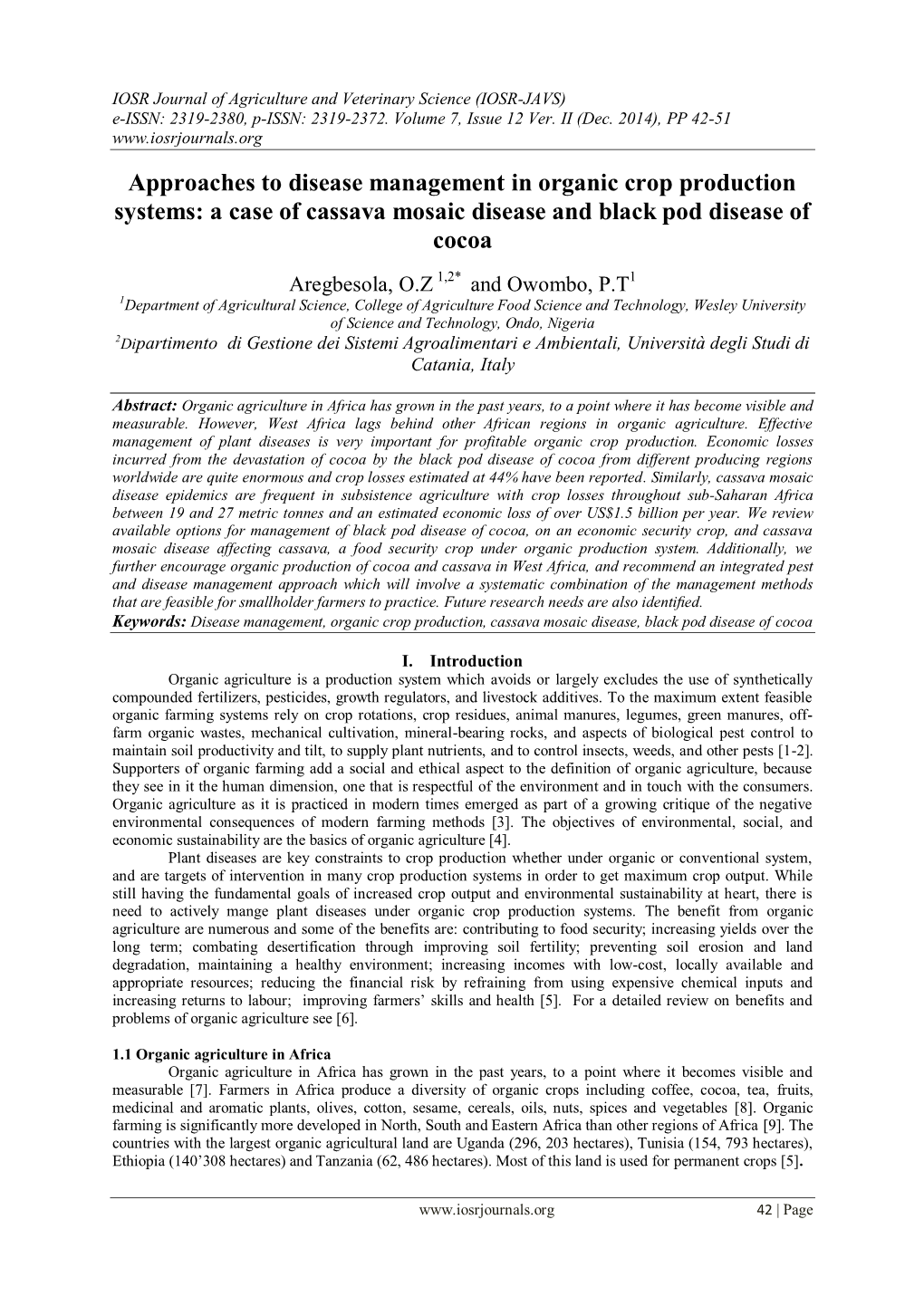 Approaches to Disease Management in Organic Crop Production Systems: a Case of Cassava Mosaic Disease and Black Pod Disease of Cocoa