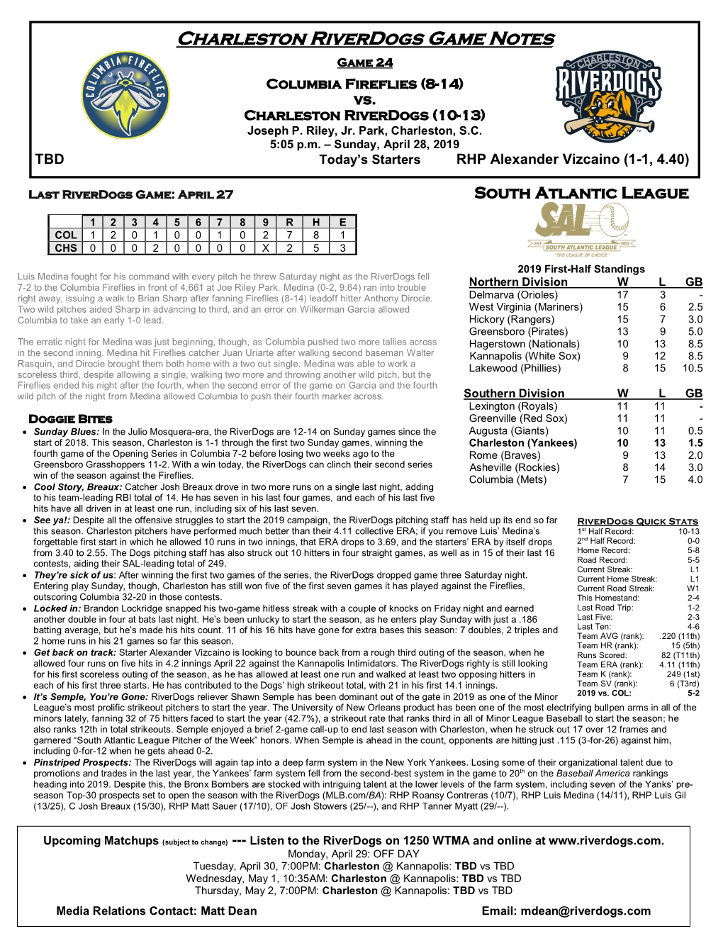 Charleston Riverdogs Game Notes