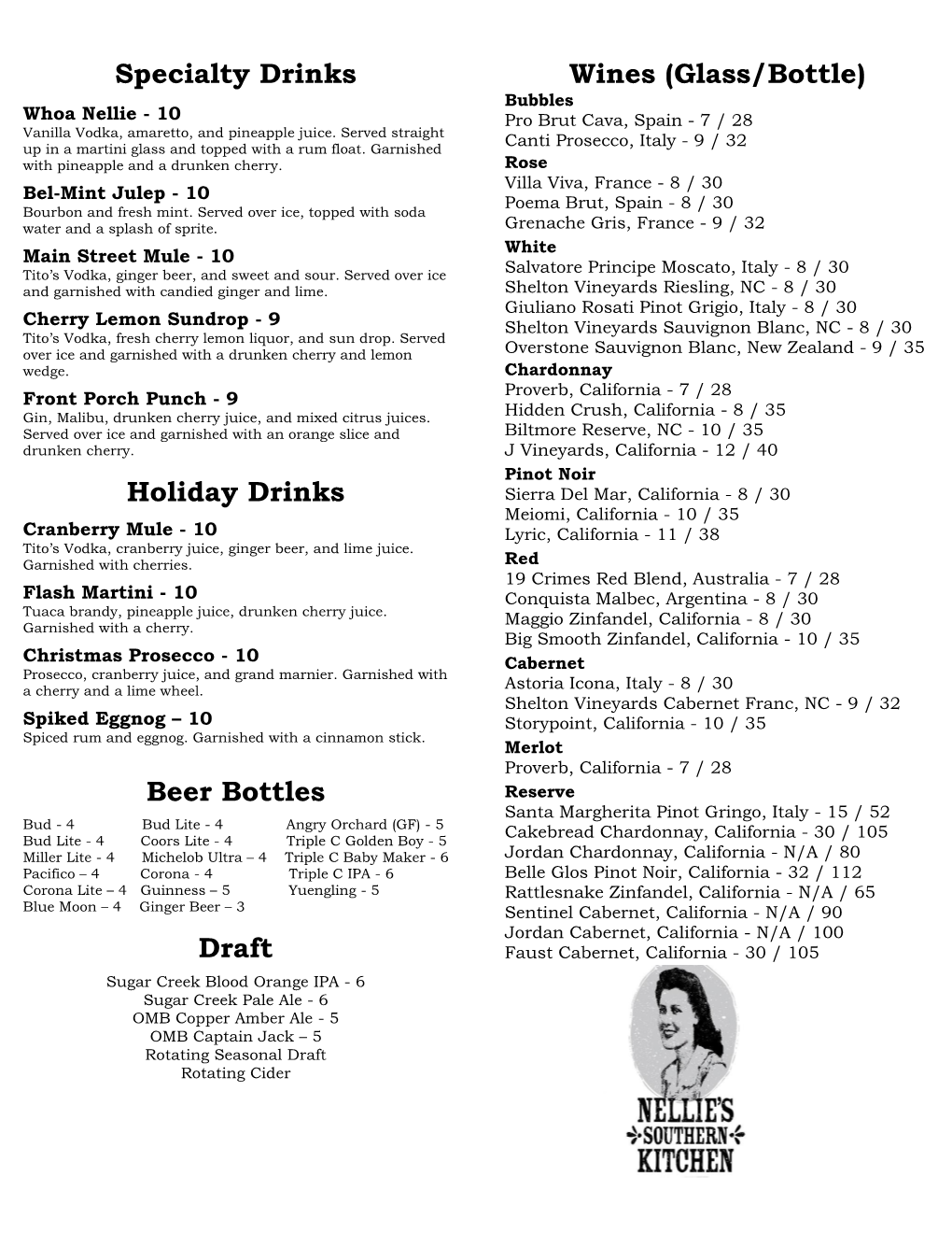 Specialty Drinks Holiday Drinks Beer Bottles Draft Wines (Glass/Bottle)