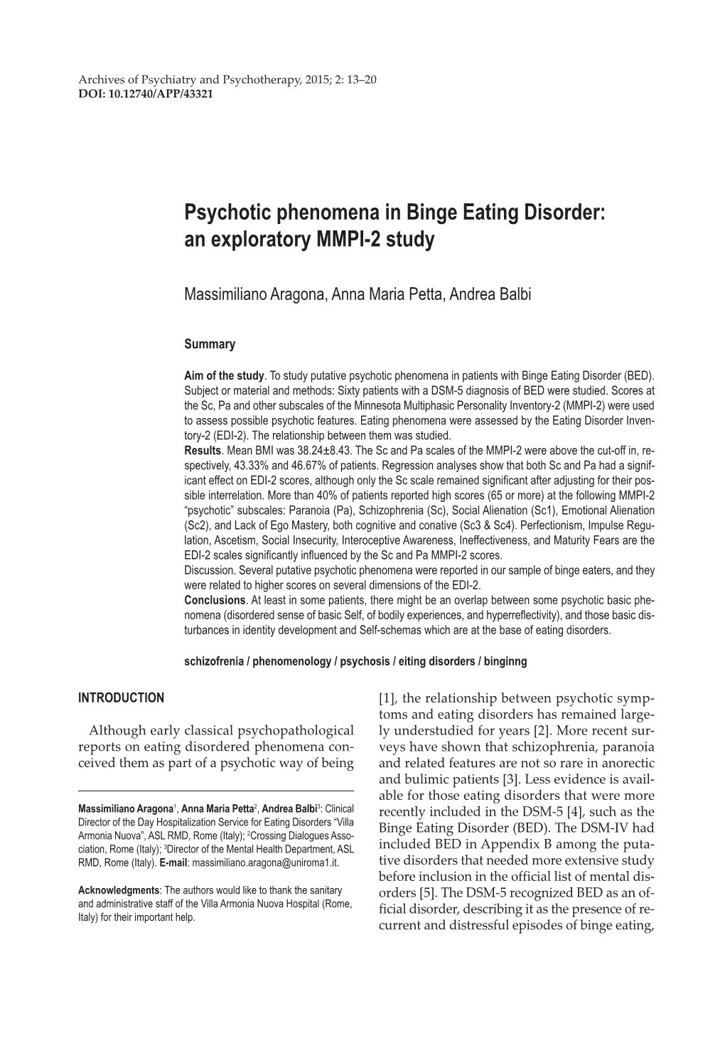 Psychotic Phenomena in Binge Eating Disorder: an Exploratory MMPI-2 Study