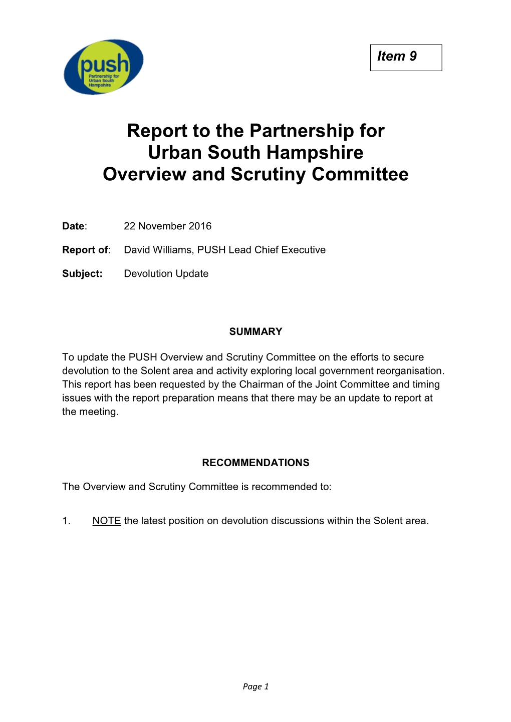 Report to the Partnership for Urban South Hampshire Overview and Scrutiny Committee