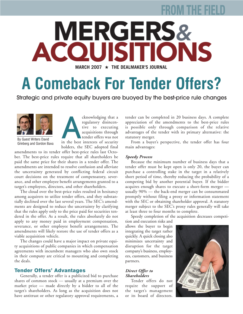A Comeback for Tender Offers? Strategic and Private Equity Buyers Are Buoyed by the Best-Price Rule Changes