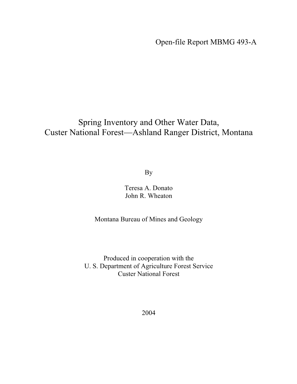 Spring Inventory and Other Water Data, Custer National Forest—Ashland Ranger District, Montana