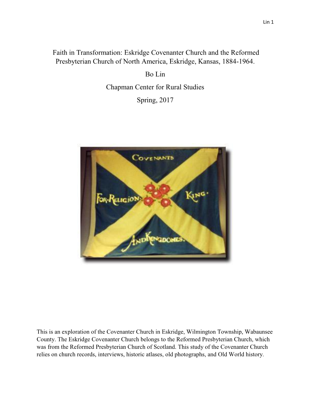 Faith in Transformation: Eskridge Covenanter Church and the Reformed Presbyterian Church of North America, Eskridge, Kansas, 1884-1964