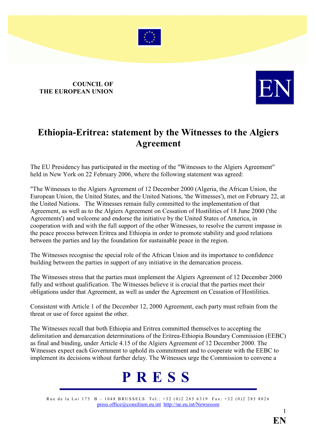 EN Ethiopia-Eritrea: Statement by the Witnesses to the Algiers Agreement