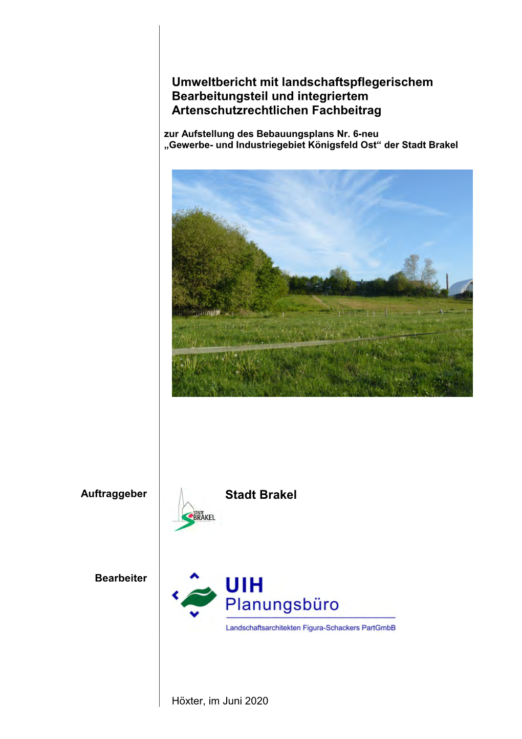 Umweltbericht Mit Landschaftspflegerischem Bearbeitungsteil Und Integriertem Artenschutzrechtlichen Fachbeitrag Stadt Brakel