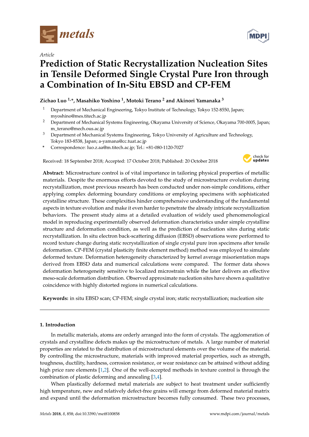 Prediction of Static Recrystallization Nucleation Sites in Tensile Deformed Single Crystal Pure Iron Through a Combination of In-Situ EBSD and CP-FEM