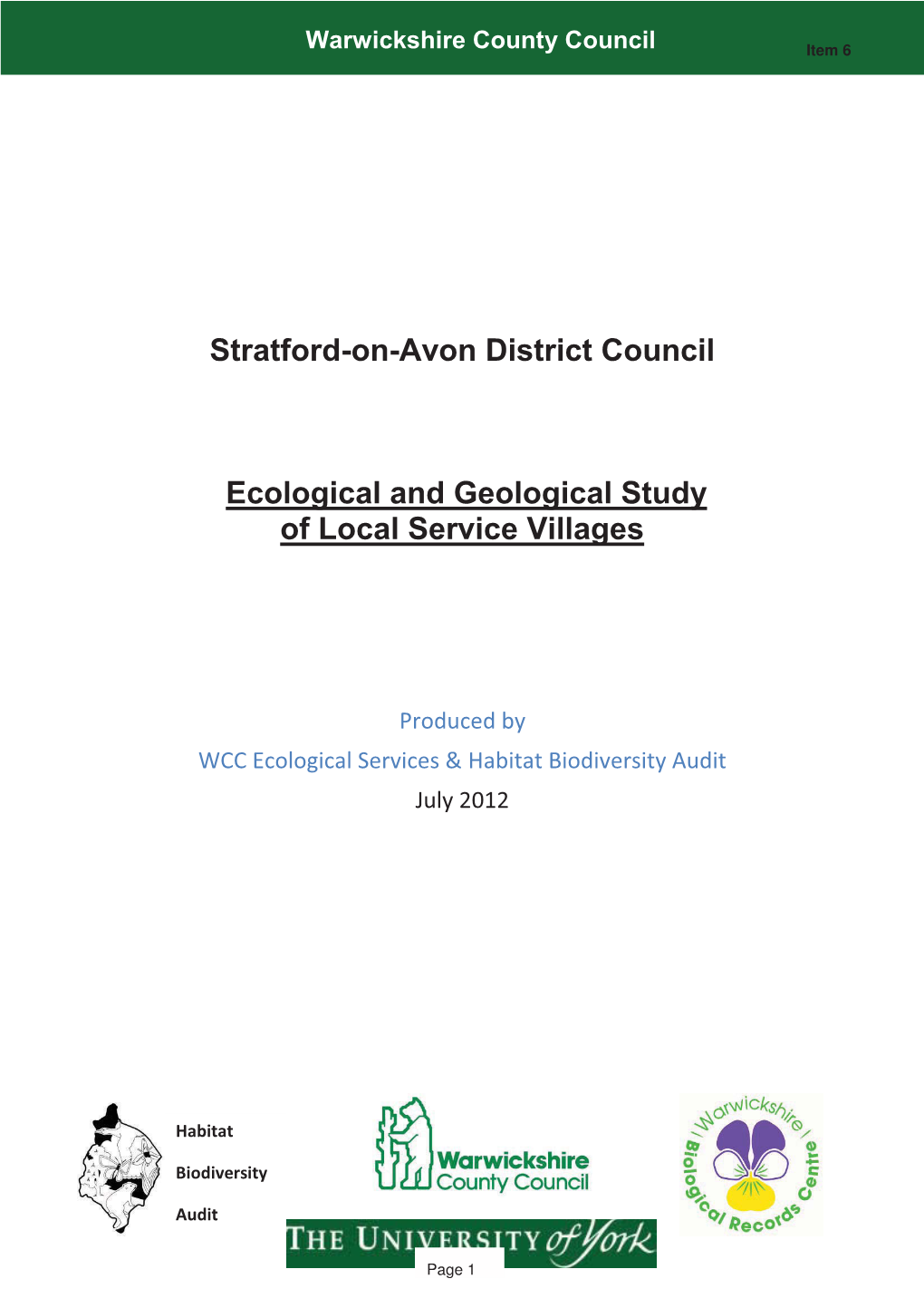 Stratford-On-Avon District Council Ecological and Geological Study Of