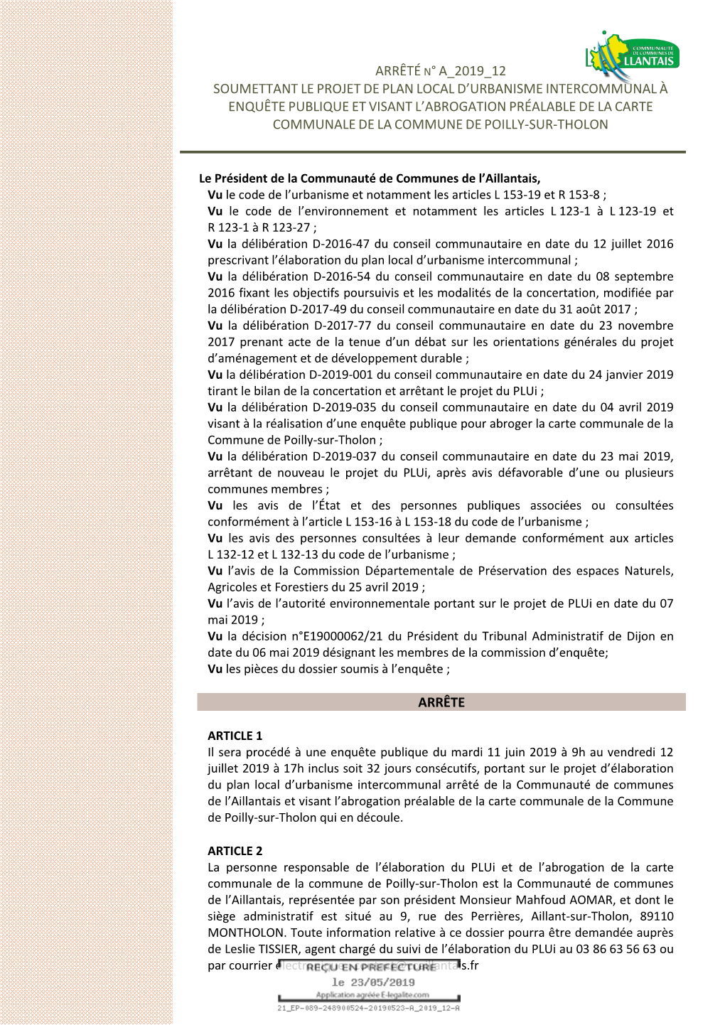 Arrêté N° a 2019 12 Soumettant Le Projetde