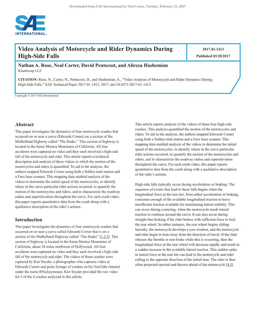 SAE 2017-01-1413 – Video Analysis of Motorcycle and Rider Dynamics During High-Side Falls