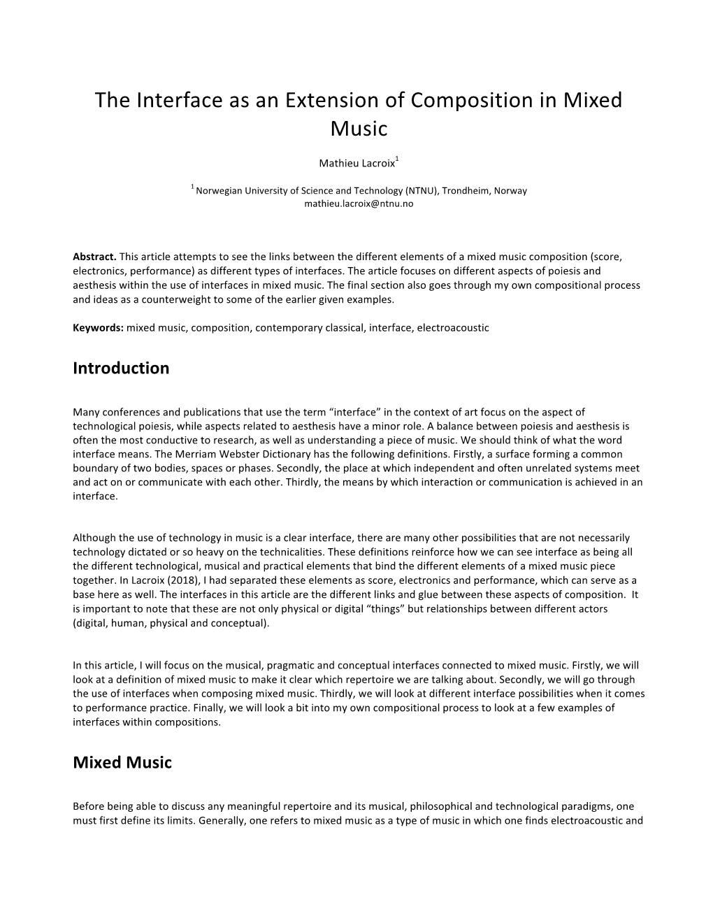 The Interface As an Extension of Composition in Mixed Music