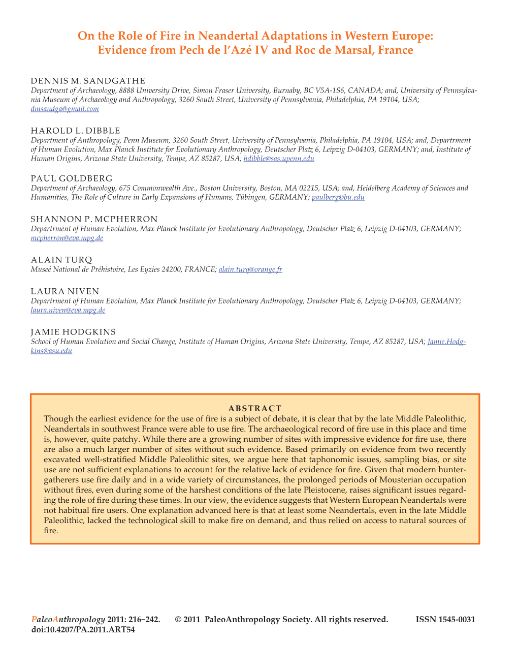 On the Role of Fire in Neandertal Adaptations in Western Europe: Evidence from Pech De L’Azé IV and Roc De Marsal, France