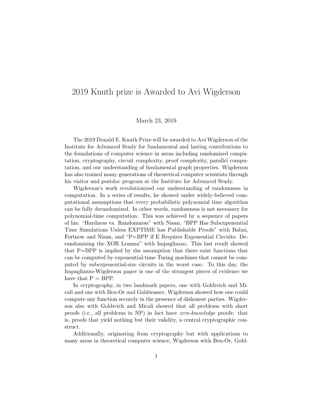 2019 Knuth Prize Is Awarded to Avi Wigderson