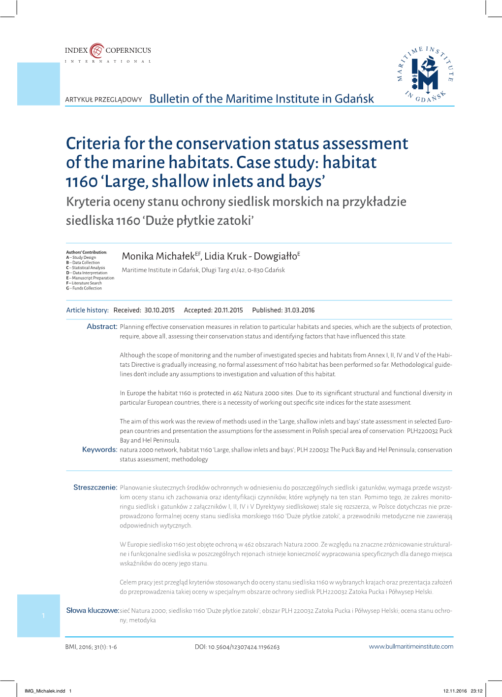 Criteria for the Conservation Status Assessment of the Marine Habitats