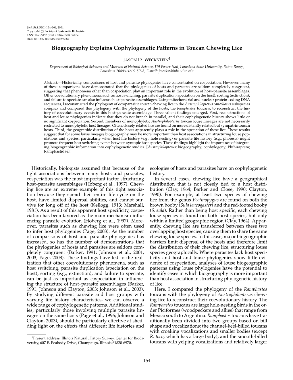 Biogeography Explains Cophylogenetic Patterns in Toucan Chewing Lice