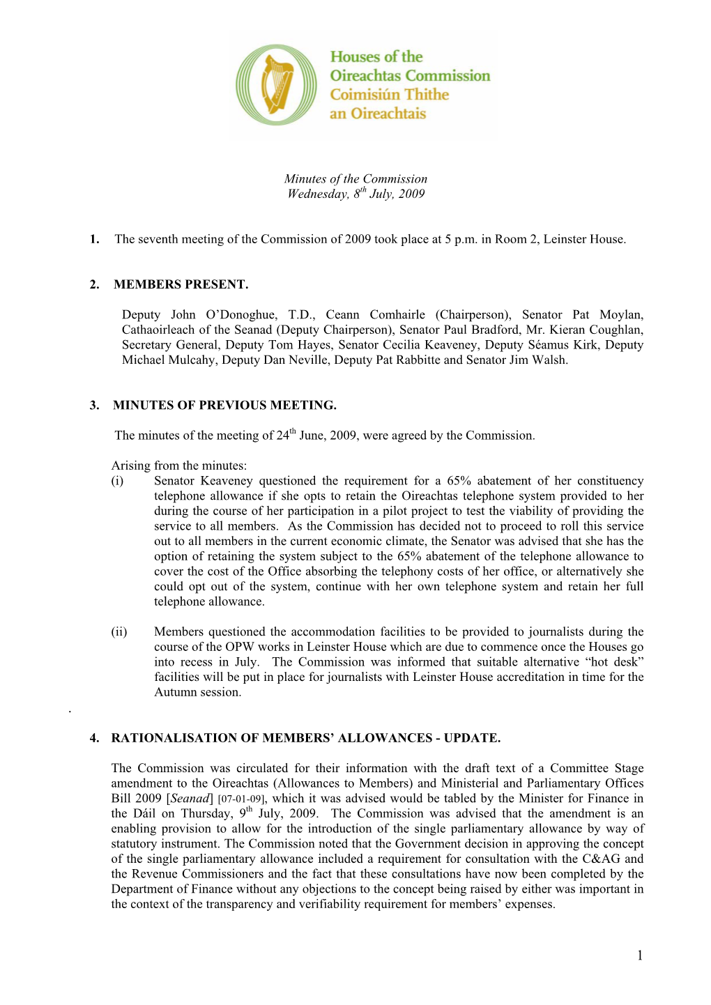 Houses of the Oireachtas Commission Minutes of Meeting of 8 July 2009