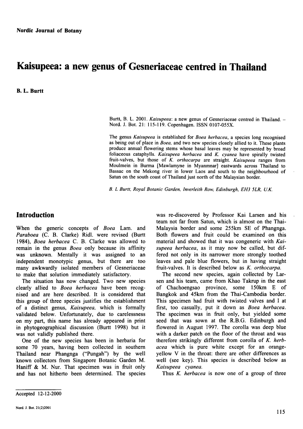 Kaisupeea: a New Genus of Gesneriaceae Centred in Thailand
