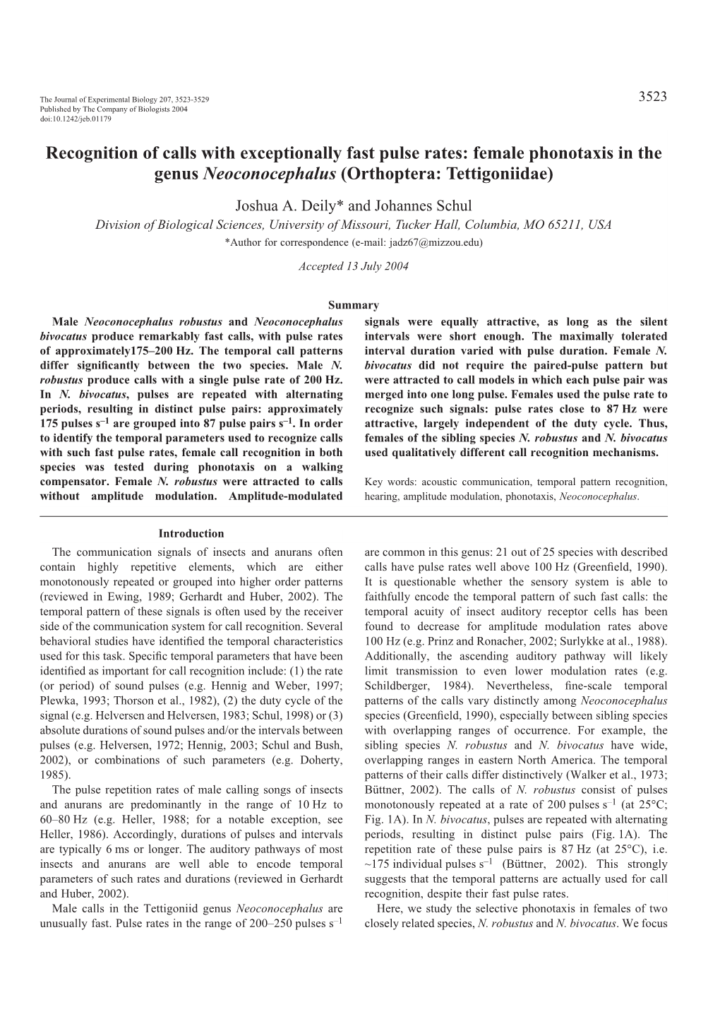 Recognition of Calls with Exceptionally Fast Pulse Rates: Female Phonotaxis in the Genus Neoconocephalus (Orthoptera: Tettigoniidae) Joshua A