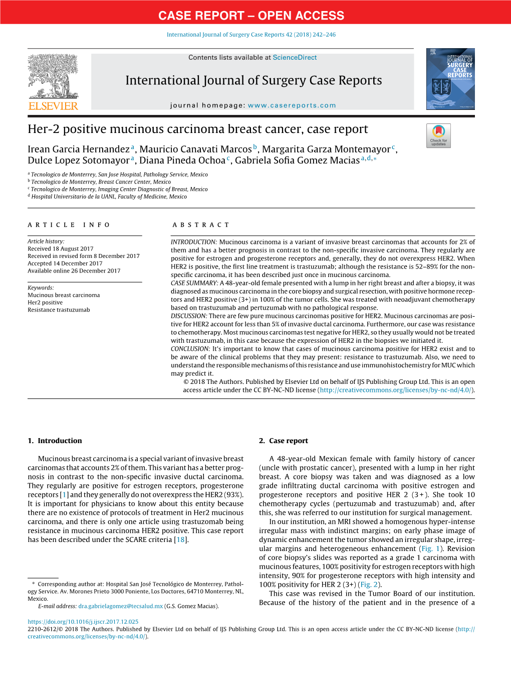 Her-2 Positive Mucinous Carcinoma Breast Cancer, Case Report