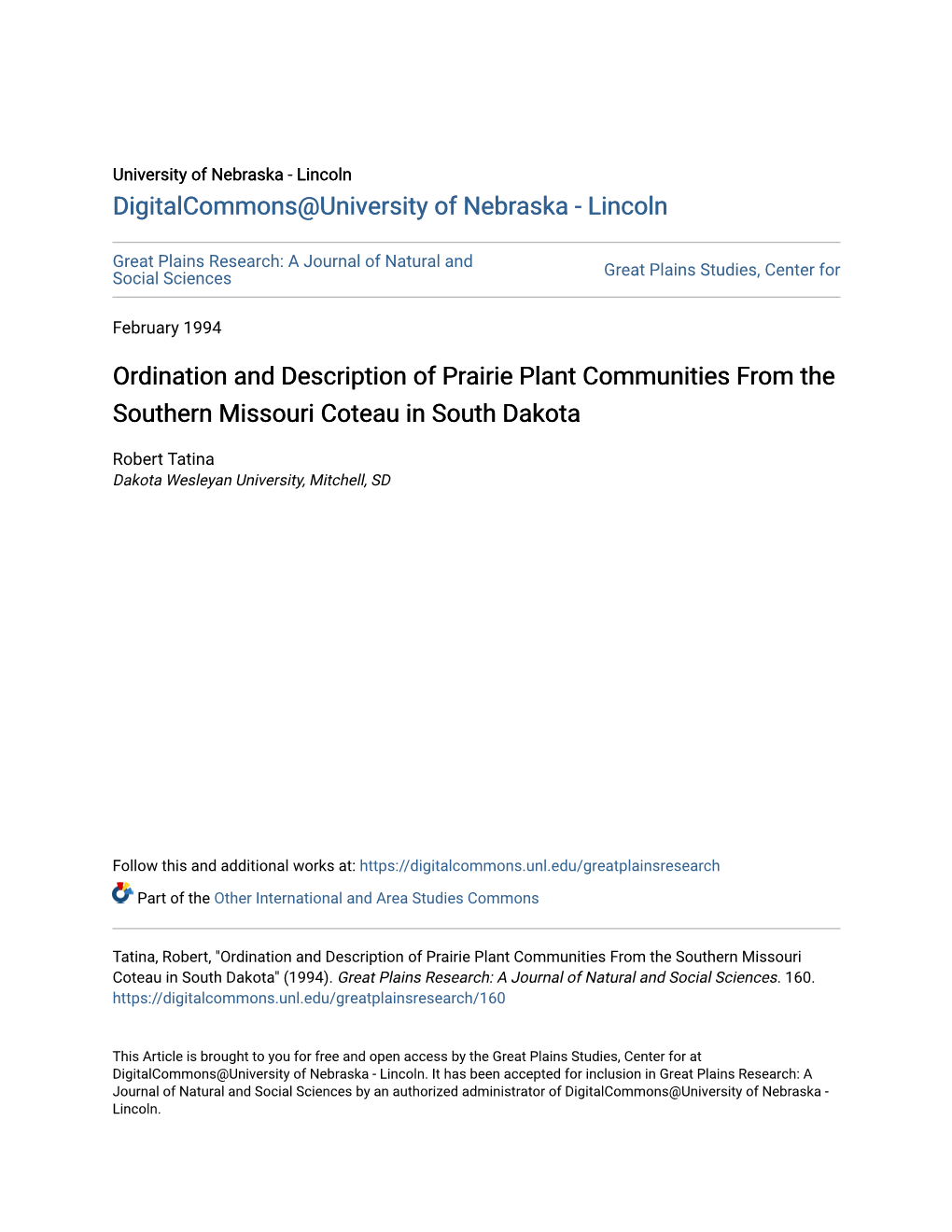 Ordination and Description of Prairie Plant Communities from the Southern Missouri Coteau in South Dakota