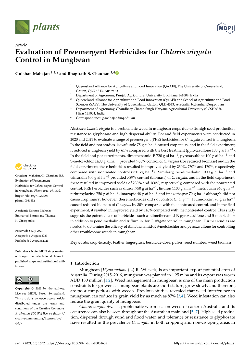 Evaluation of Preemergent Herbicides for Chloris Virgata Control in Mungbean