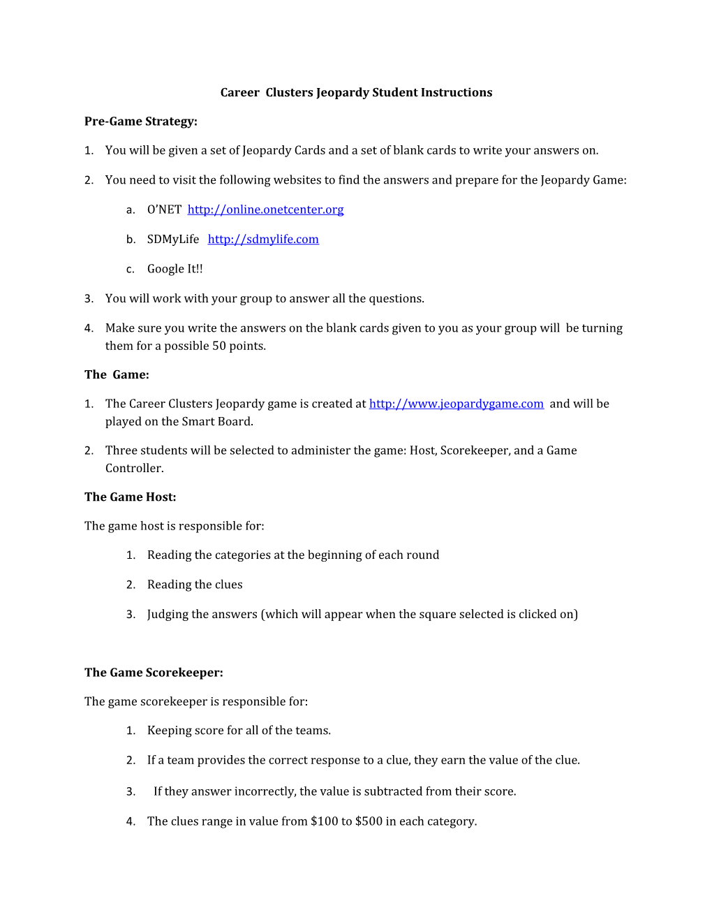 Career Clusters Jeopardy Student Instructions