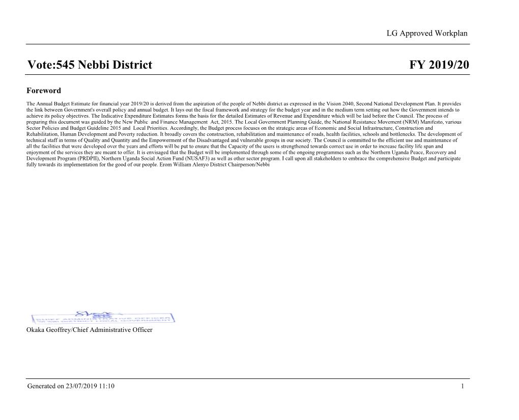FY 2019/20 Vote:545 Nebbi District